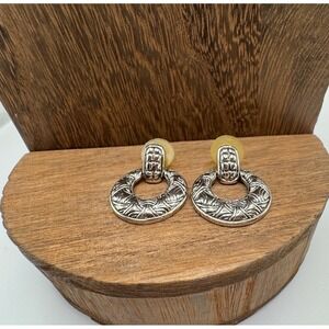 BRIGHTON Silver Tone "Door Knocker" Round Textured Ornate Earrings